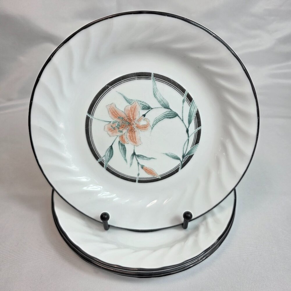FOUR Corelle Tiger Lily Salad Plates Swirl Rim & Orange Tiger Lily Center